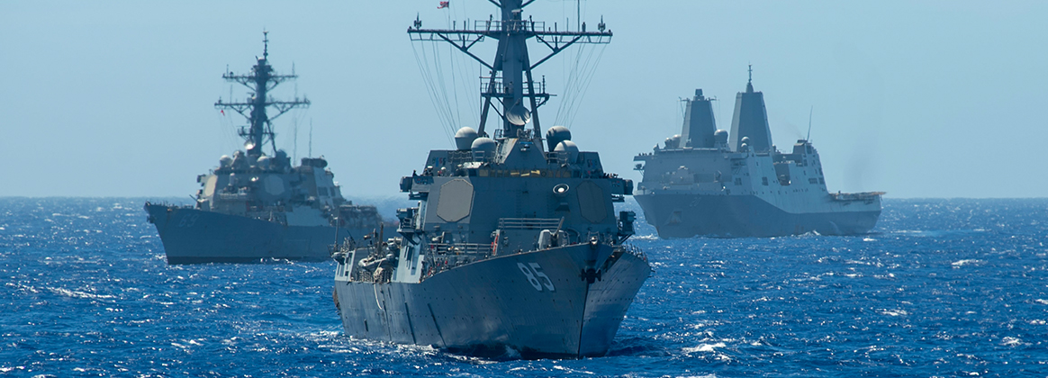 Arleigh Burke-class guided-missile destroyer USS McCampbell (DDG 85), the Arleigh Burke-class guided-missile destroyer USS Milius (DDG 69), and the amphibious transport dock ship USS Green Bay (LPD 20)